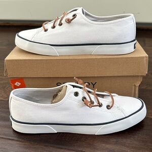Sperry Top Sider White Canvas Sneakers with Tan Laces